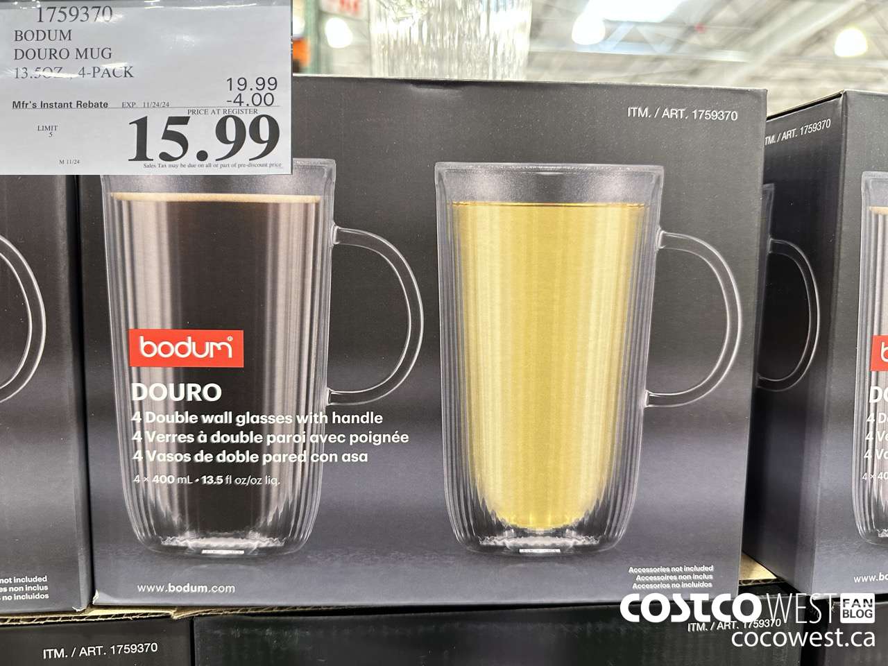 1759370 BODUM DOURO MUG 13.5OZ 4-PACK ($4.00 INSTANT SAVINGS EXPIRES ON 2024-11-24) $15.99