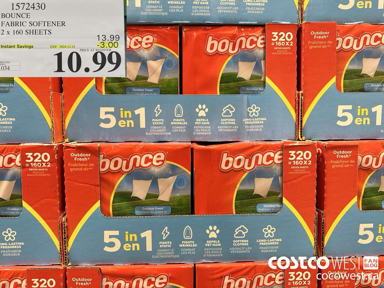 1572430 BOUNCE FABRIC SOFTENER 2 X 160 SHEETS ($3.00 INSTANT SAVINGS EXPIRES ON 2024-12-15) $10.99