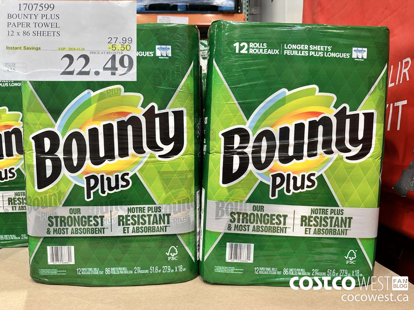 1707599 BOUNTY PLUS PAPER TOWEL 12 X 86 SHEETS ($5.50 INSTANT SAVINGS EXPIRES ON 2024-11-24) $22.49