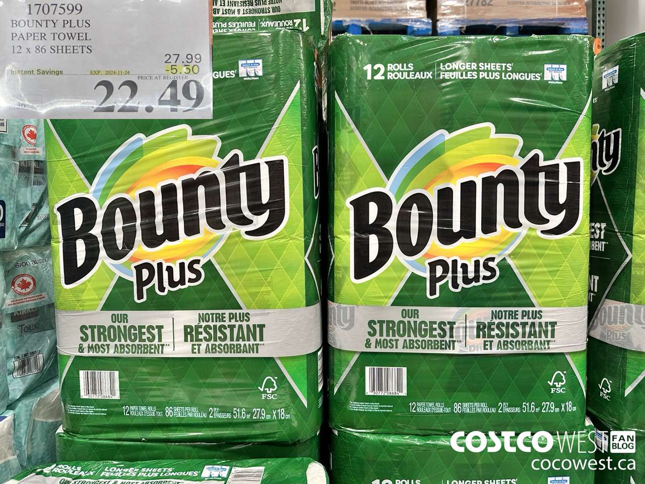 1707599 BOUNTY PLUS PAPER TOWEL 12 X 86 SHEETS ($5.50 INSTANT SAVINGS EXPIRES ON 2024-11-24) $22.49