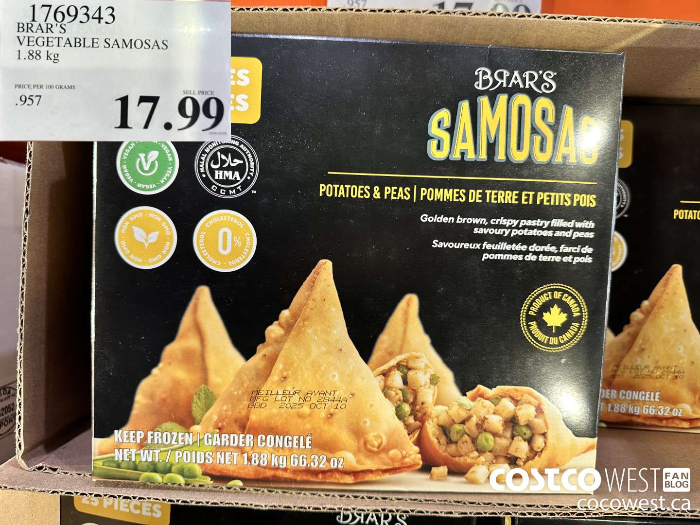 1769343 BRAR'S VEGETABLE SAMOSAS 1.88KG $17.99