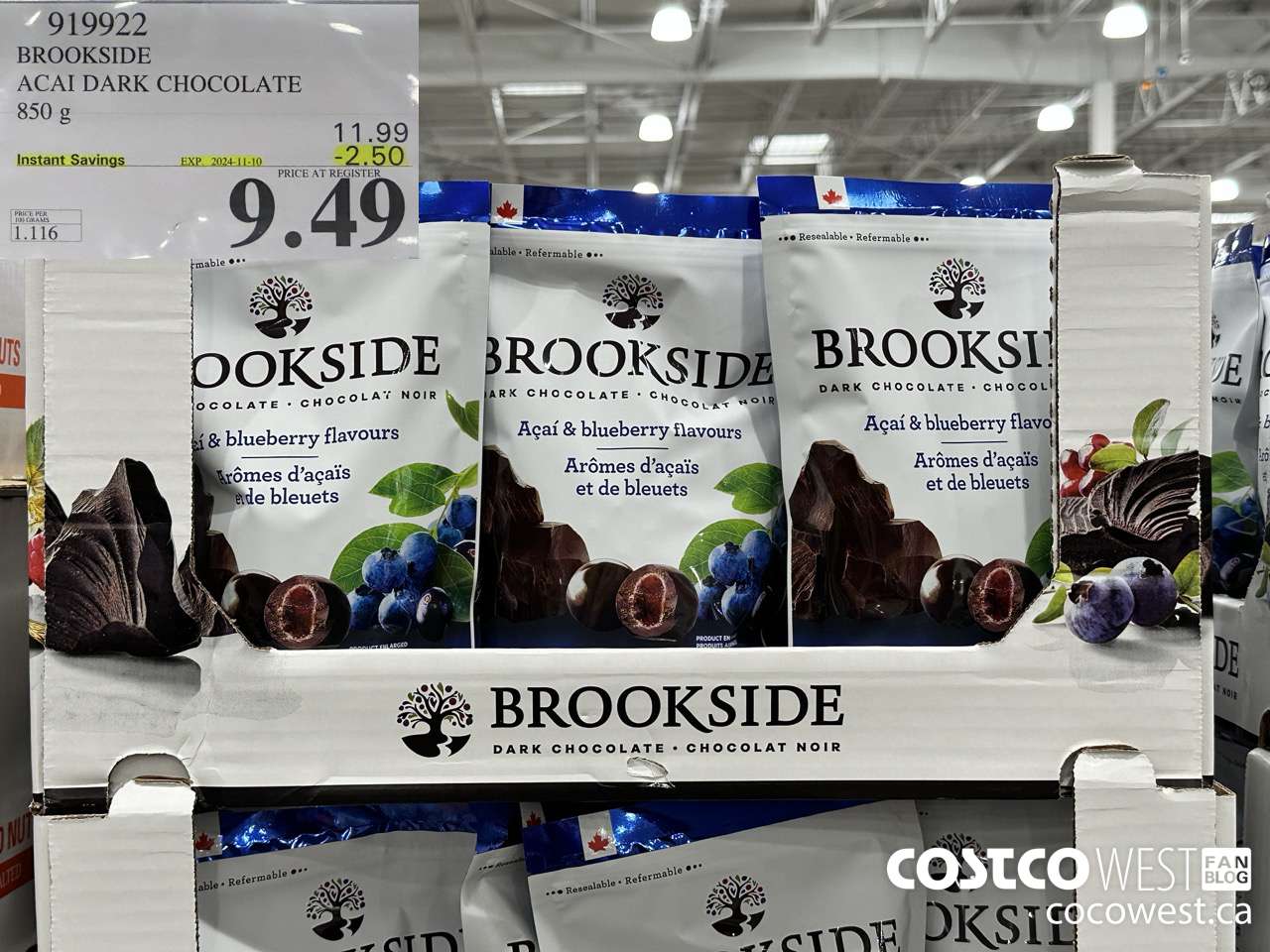 919922 BROOKSIDE ACAI DARK CHOCOLATE 850 g ($2.50 INSTANT SAVINGS EXPIRES ON 2024-11-10) $9.49