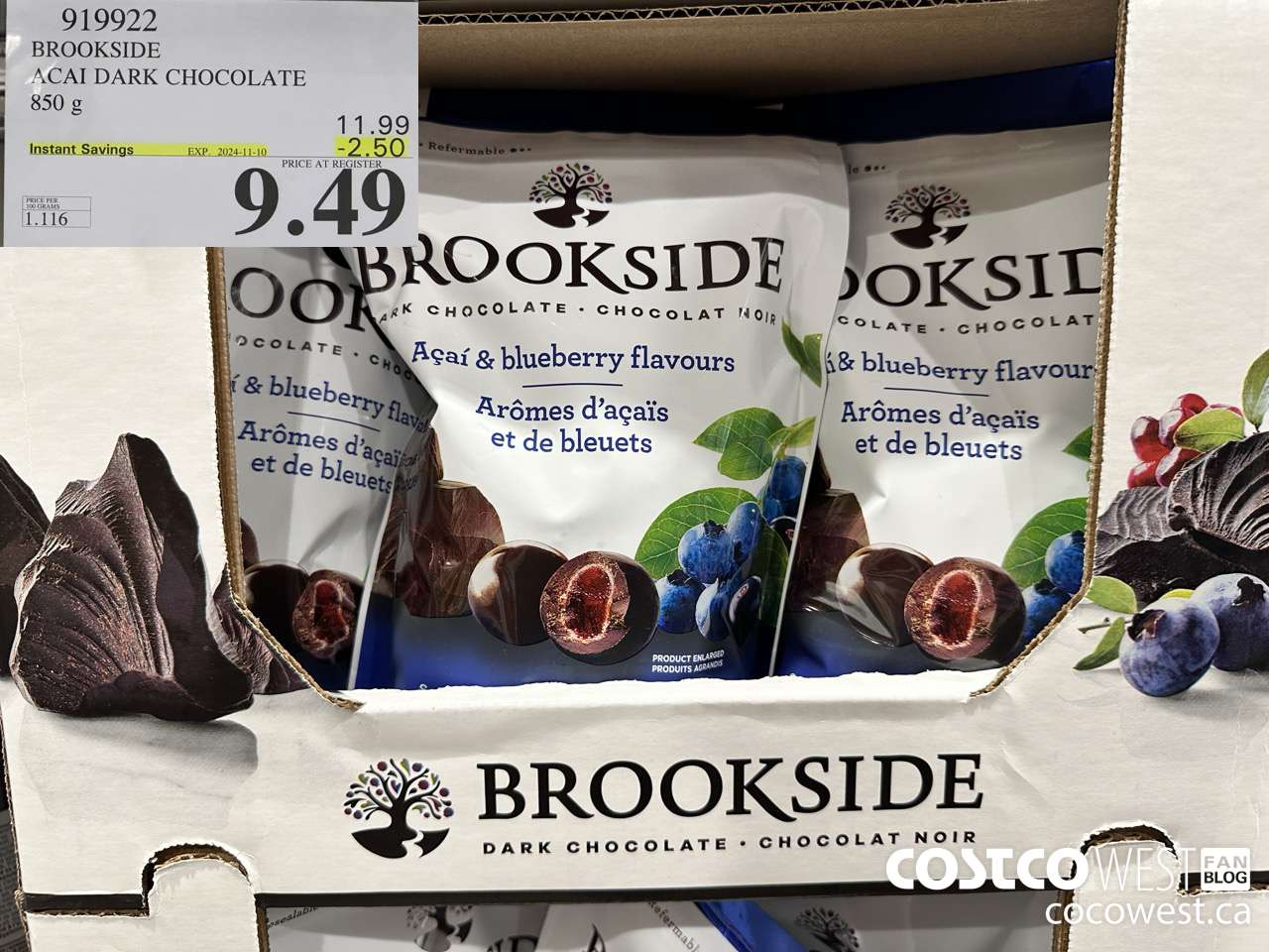 919922 BROOKSIDE ACAI DARK CHOCOLATE 850 g ($2.50 INSTANT SAVINGS EXPIRES ON 2024-11-10) $9.49