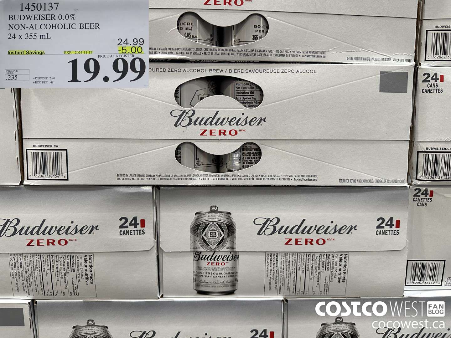 1450137 BUDWEISER 0.0% 24 x 355 mL ($5.00 INSTANT SAVINGS EXPIRES ON 2024-11-17) $19.99