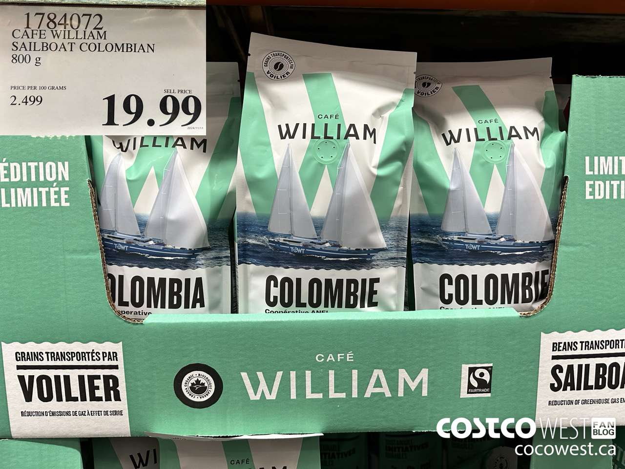 1784072 CAFE WILLIAM SAILBOAT COLOMBIAN 800G $19.99