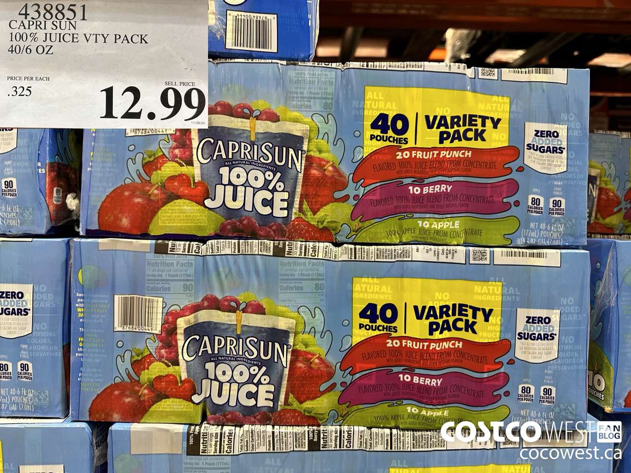 438851 CAPRI SUN 100% JUICE VTY PACK 40/6 OZ  $12.99