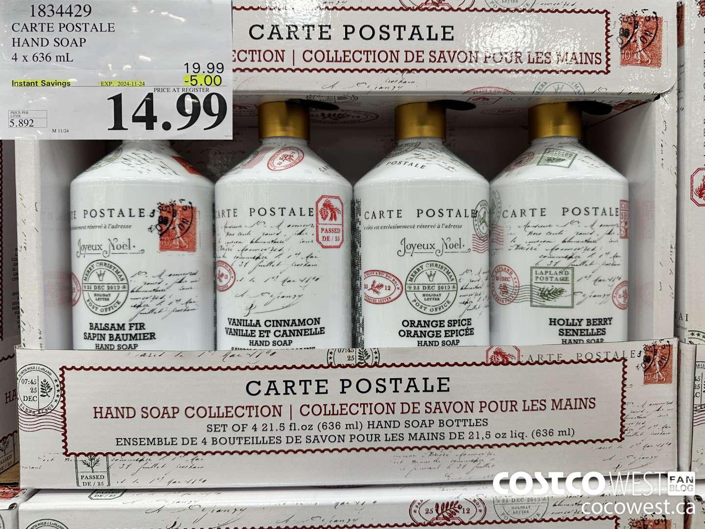 1834429 CARTE POSTALE HAND SOAP 4 X 636ML ($5.00 INSTANT SAVINGS EXPIRES ON 2024-11-24) $14.99