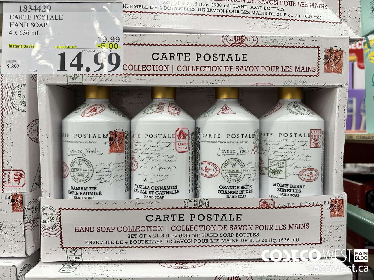 1834429 CARTE POSTALE HAND SOAP 4 X 636ML ($5.00 INSTANT SAVINGS EXPIRES ON 2024-11-24) $14.99