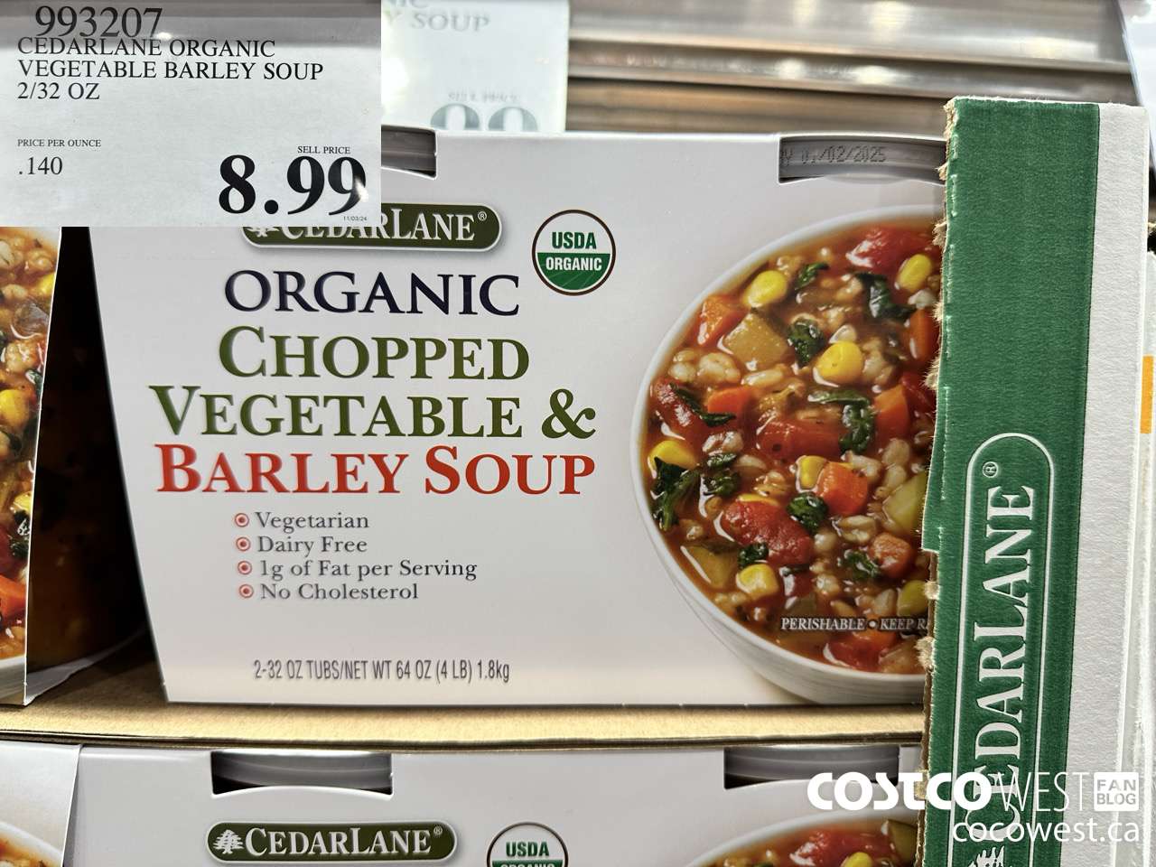 993207 CEDARLANE ORGANIC VEGETABLE BARLEY SOUP 2/32 OZ $9.99