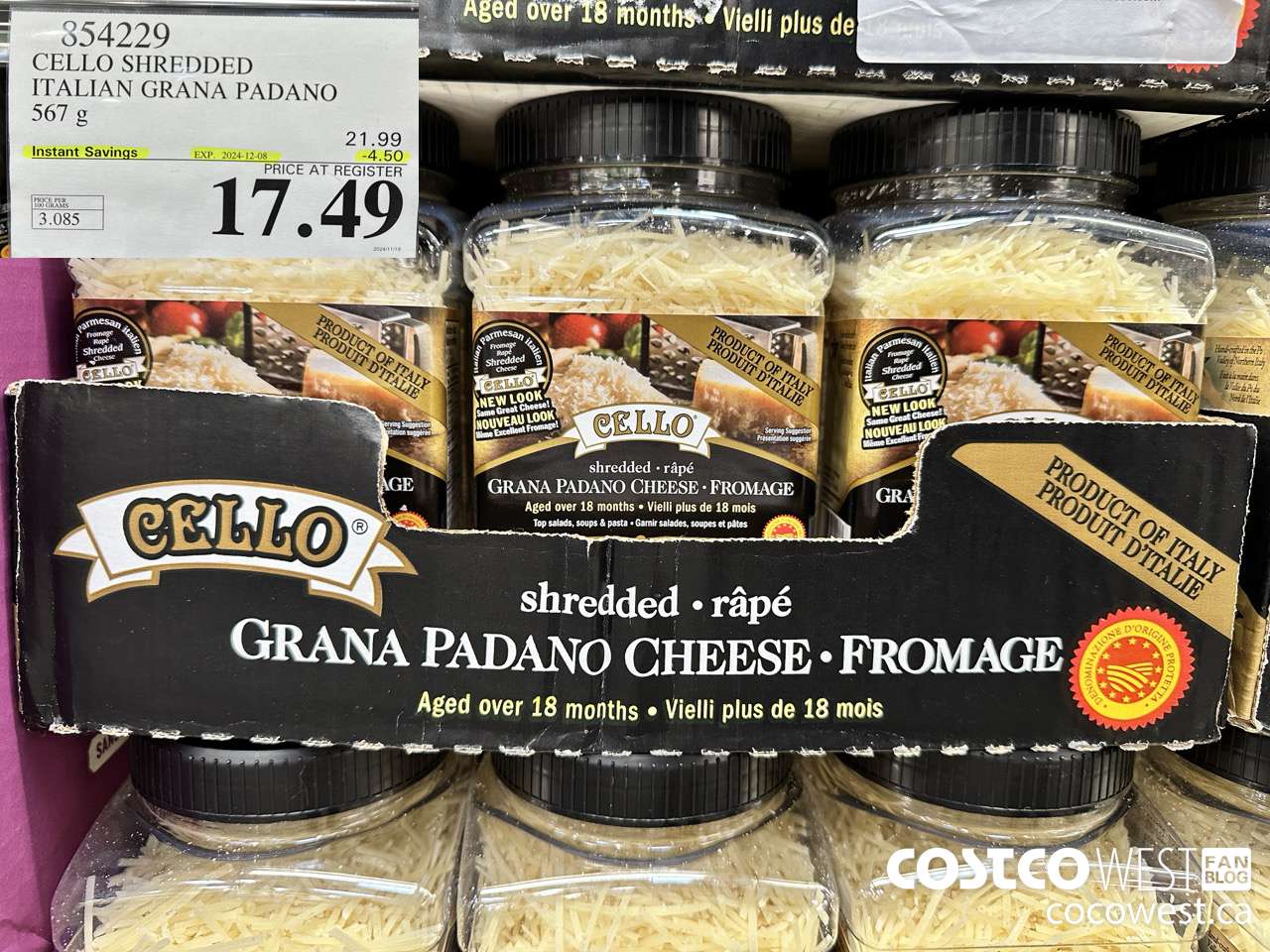 854229 CELLO SHREDDED ITALIAN GRANA PADANO 567 G ($4.50 INSTANT SAVINGS EXPIRES ON 2024-12-08) $17.49