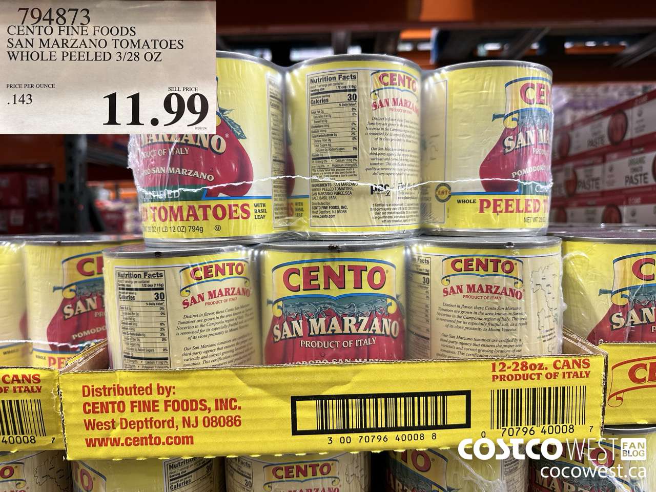794873 CENTO FINE FOODS SAN MARZANO TOMATOES WHOLE PEELED 3/28 OZ  $11.99