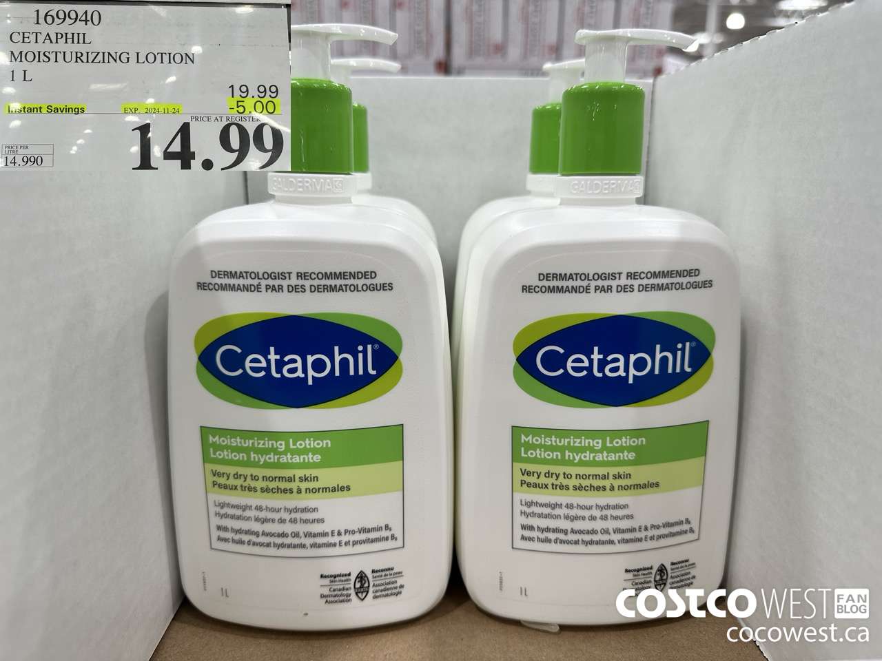 169940 CETAPHIL MOISTURIZING LOTION 1L ($5.00 INSTANT SAVINGS EXPIRES ON 2024-11-24) $14.99
