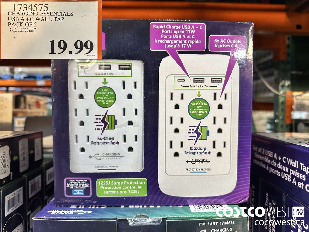 1734575 CHARGING ESSENTIALS USB A+C WALL TAP PACK OF 2 $19.99