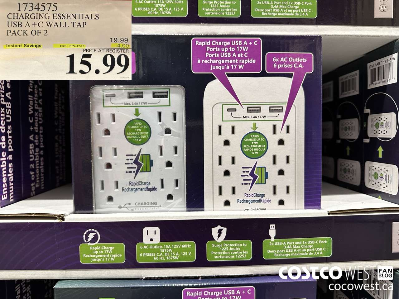 1734575 CHARGING ESSENTIALS USB A+C WALL TAP PACK OF 2 ($4.00 INSTANT SAVINGS EXPIRES ON 2024-12-15) $15.99