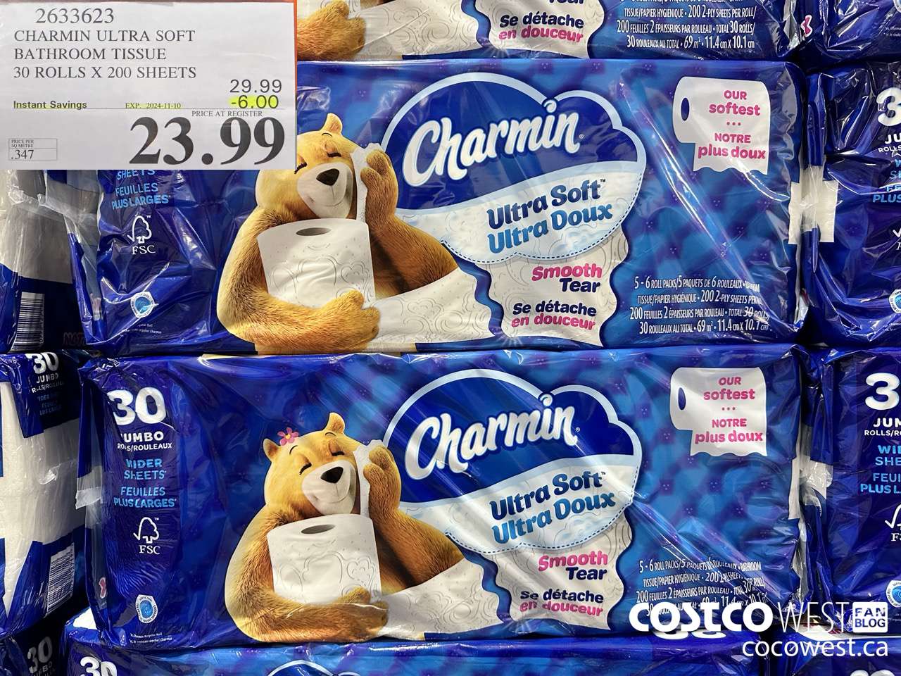 2633623 CHARMIN ULTRA SOFT BATHROOM TISSUE 30 ROLLS X 200 SHEETS ($6.00 INSTANT SAVINGS EXPIRES ON 2024-11-10) $23.99
