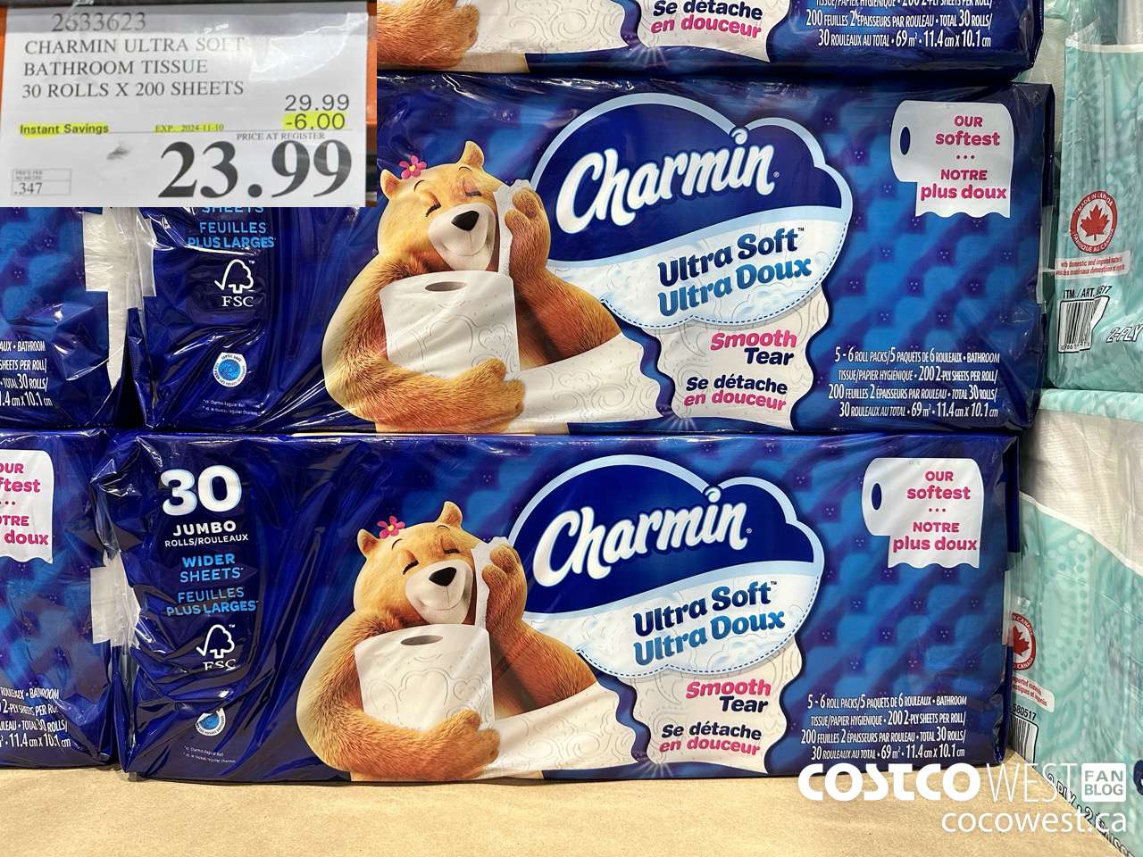 2633623 CHARMIN ULTRA SOFT BATHROOM TISSUE 30 ROLLS X 200 SHEETS ($6.00 INSTANT SAVINGS EXPIRES ON 2024-11-10) $23.99