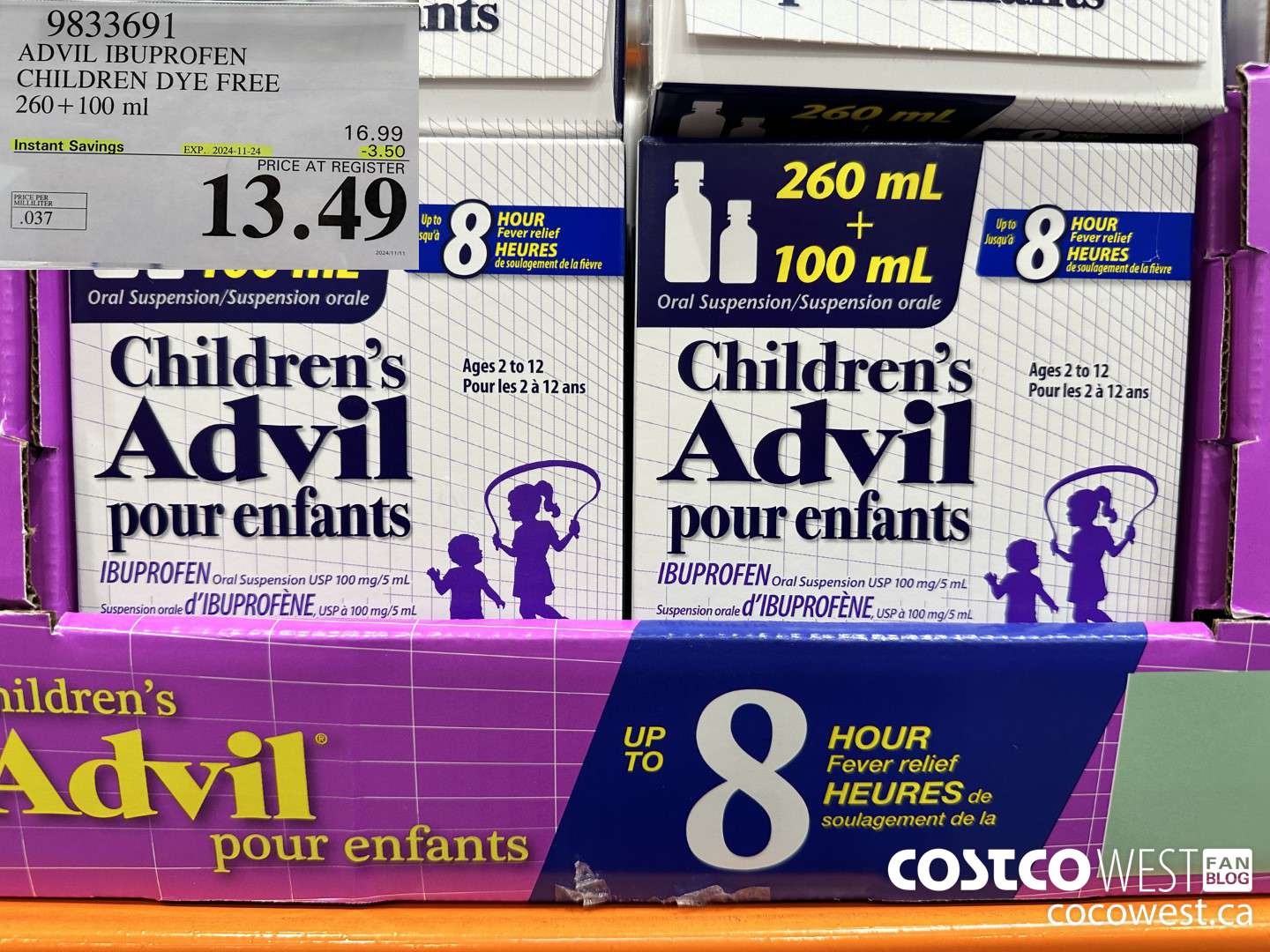 9833691 CHILDREN'S ADVIL ORAL SUSPENSION IBUPROFEN 260+100ML ($3.50 INSTANT SAVINGS EXPIRES ON 2024-11-24) $13.49