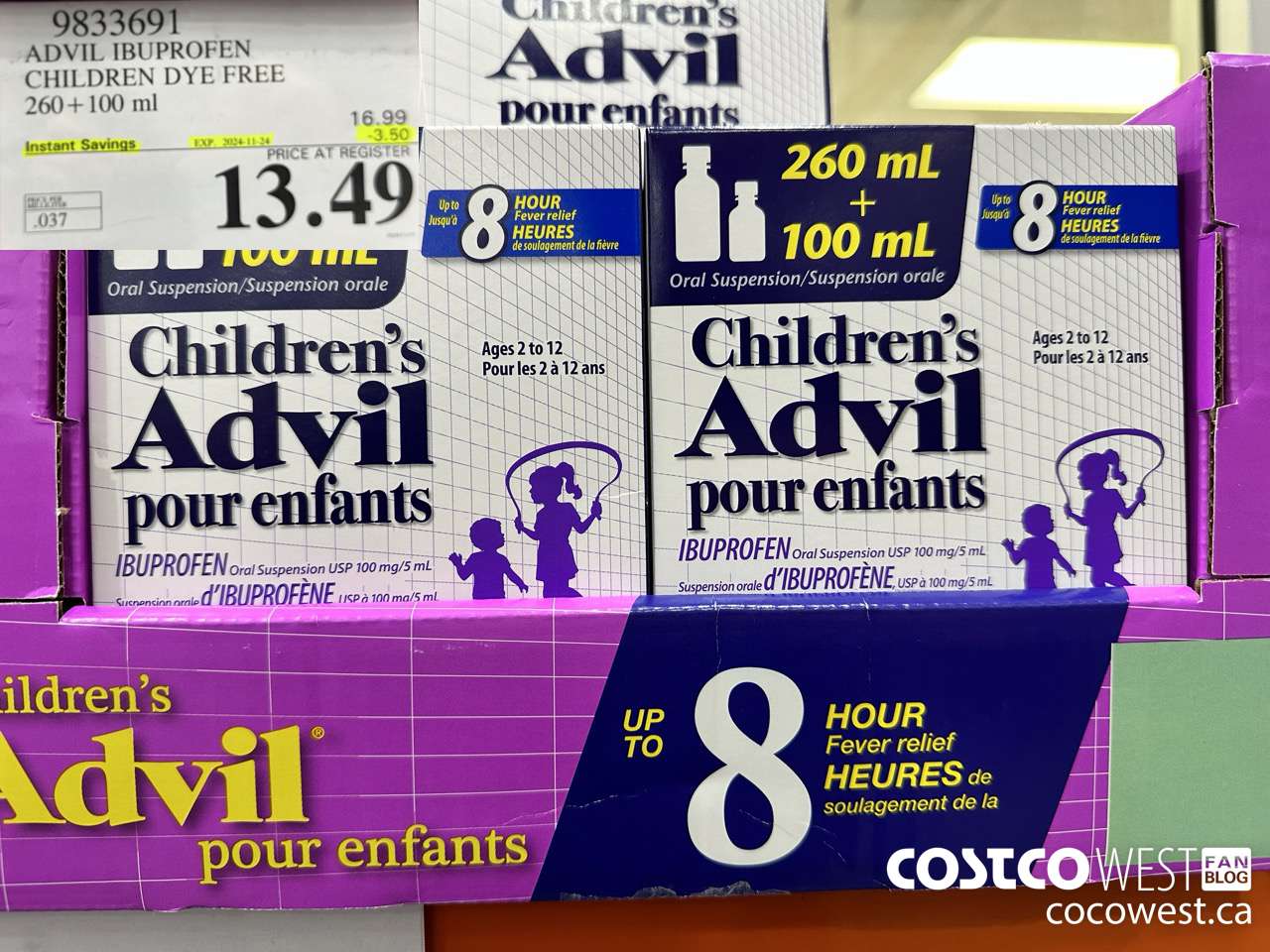 9833691 CHILDREN'S ADVIL ORAL SUSPENSION IBUPROFEN 260+100ML ($3.50 INSTANT SAVINGS EXPIRES ON 2024-11-24) $13.49