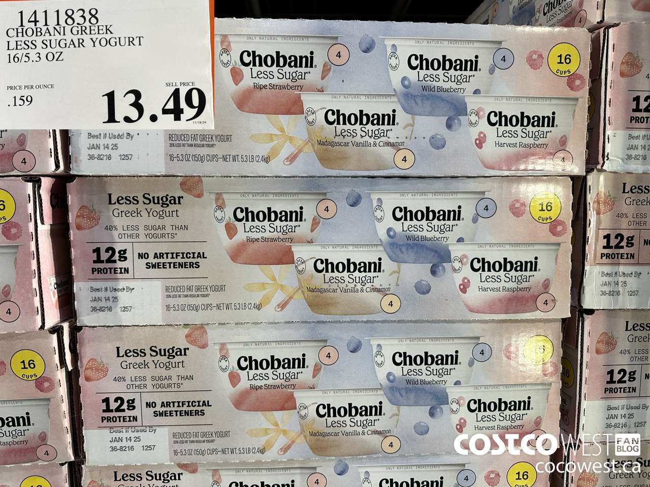 1411838 CHOBANI GREEK LESS SUGAR YOGURT 16/5.3 OZ $13.49
