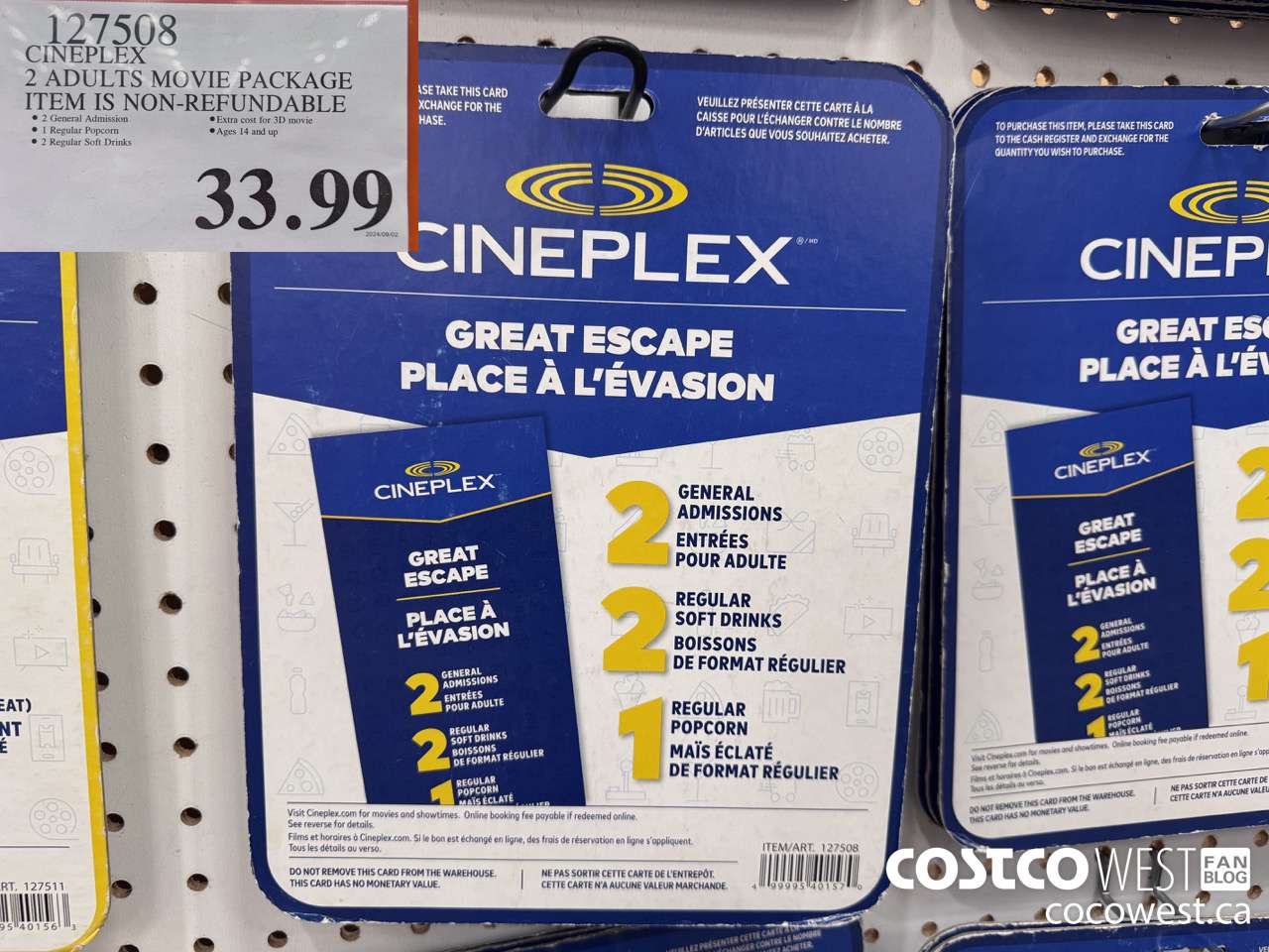 127508 CINEPLEX GREAT ESCAPE 2 ADULTS MOVIE PACKAGE $33.99