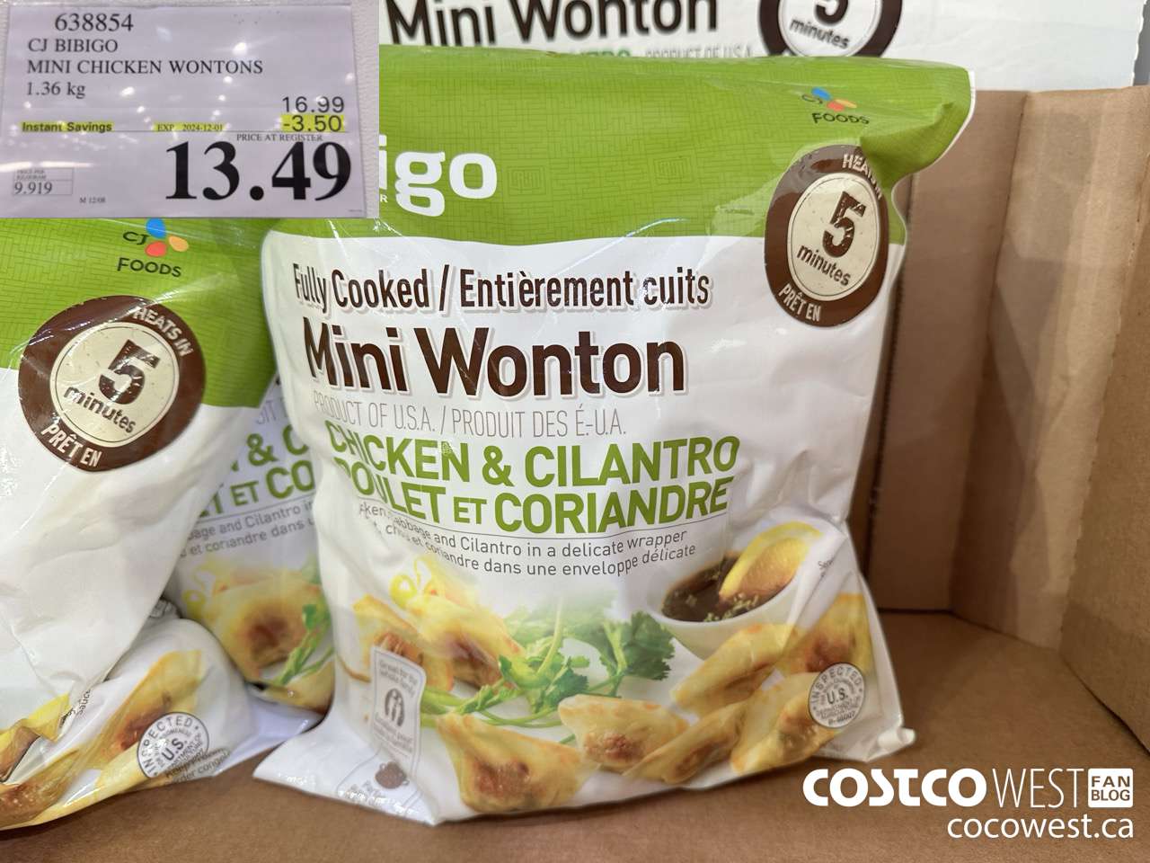 638854 CJ BIBIGO MINI CHICKEN WONTONS 1.36 KG ($3.50 INSTANT SAVINGS EXPIRES ON 2024-12-01) $13.49