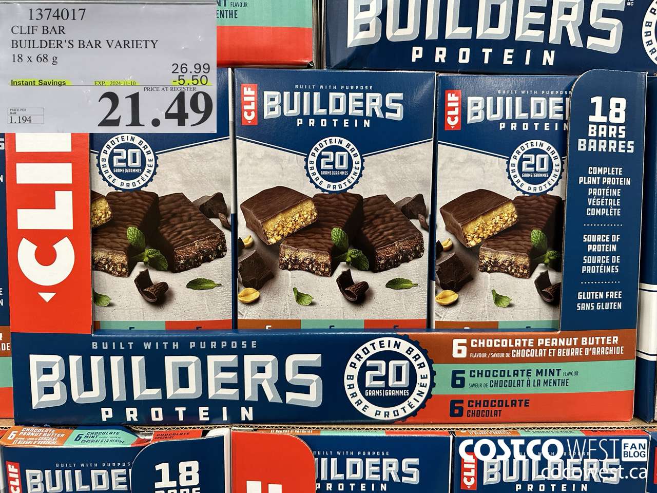 1374017 CLIF BAR BUILDER'S BAR VARIETY 18 x 68 g ($5.50 INSTANT SAVINGS EXPIRES ON 2024-11-10) $21.49