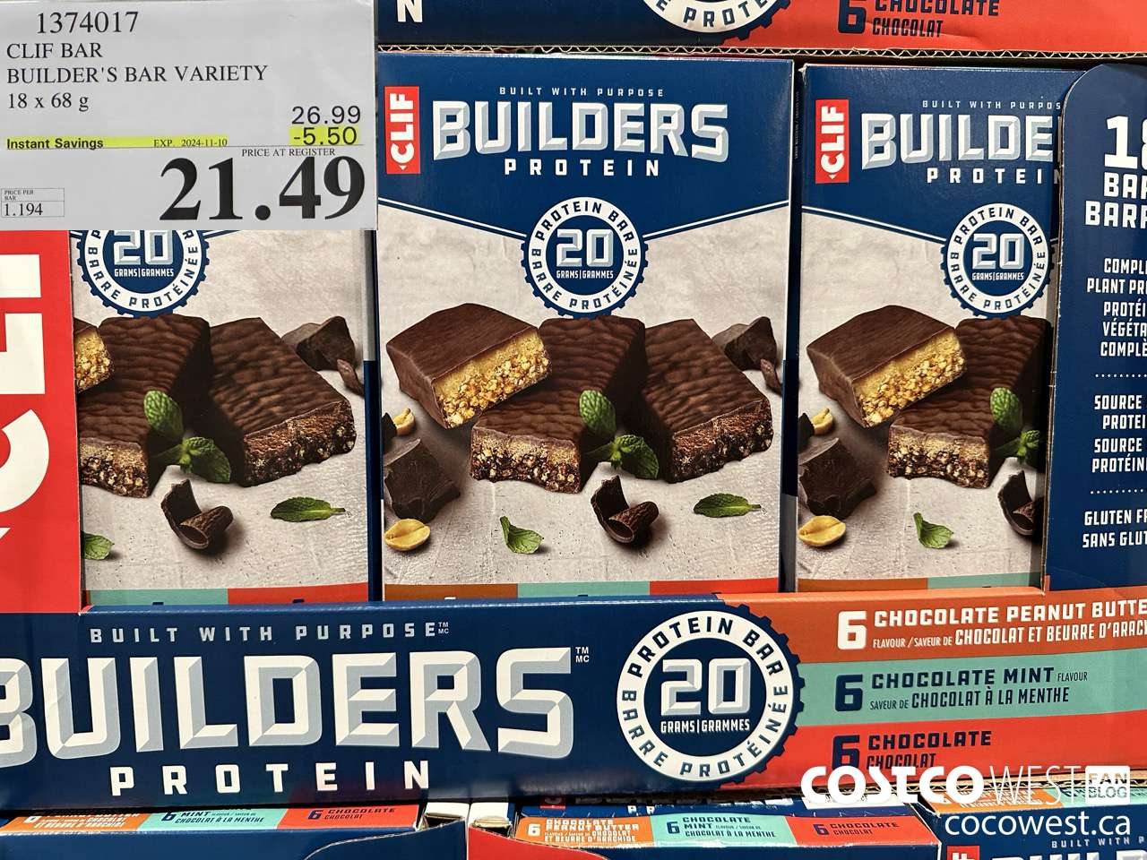 1374017 CLIF BAR BUILDER'S BAR VARIETY 18 x 68 g ($5.50 INSTANT SAVINGS EXPIRES ON 2024-11-10) $21.49