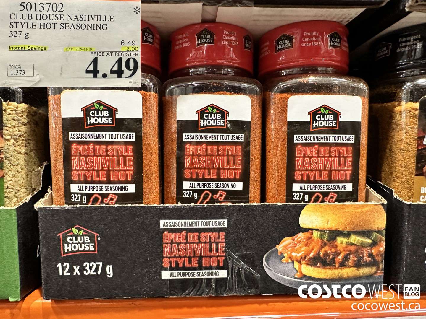 5013702 CLUB STYLE NASHVILLE STYLE HOT SEASONING 327G ($2.00 INSTANT SAVINGS EXPIRES ON 2024-11-10) $4.49