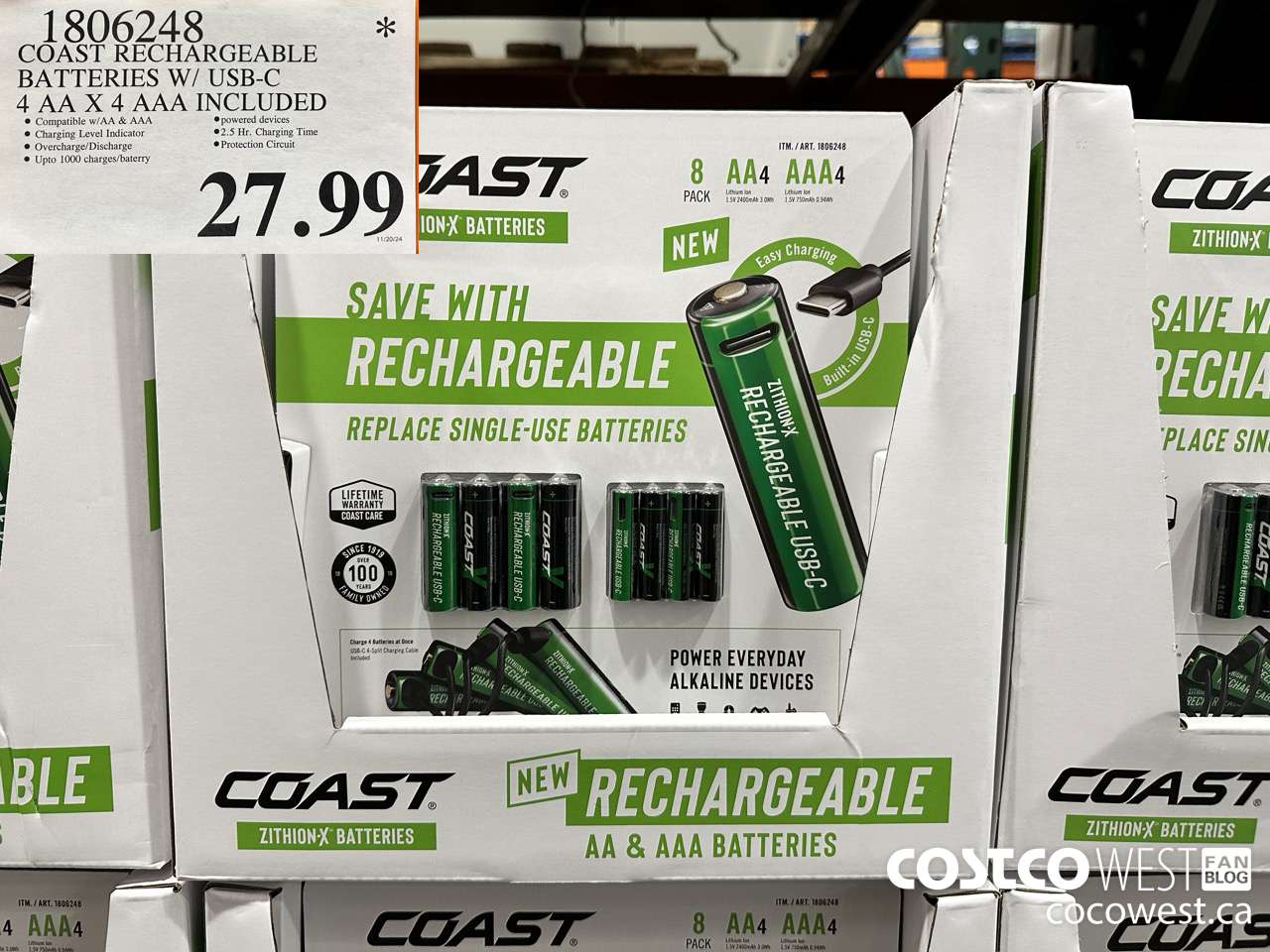 1806248 COAST RECHARGEABLE BATTERIES W/ USB-C 4 AA X 4 AAA INCLUDED $27.99