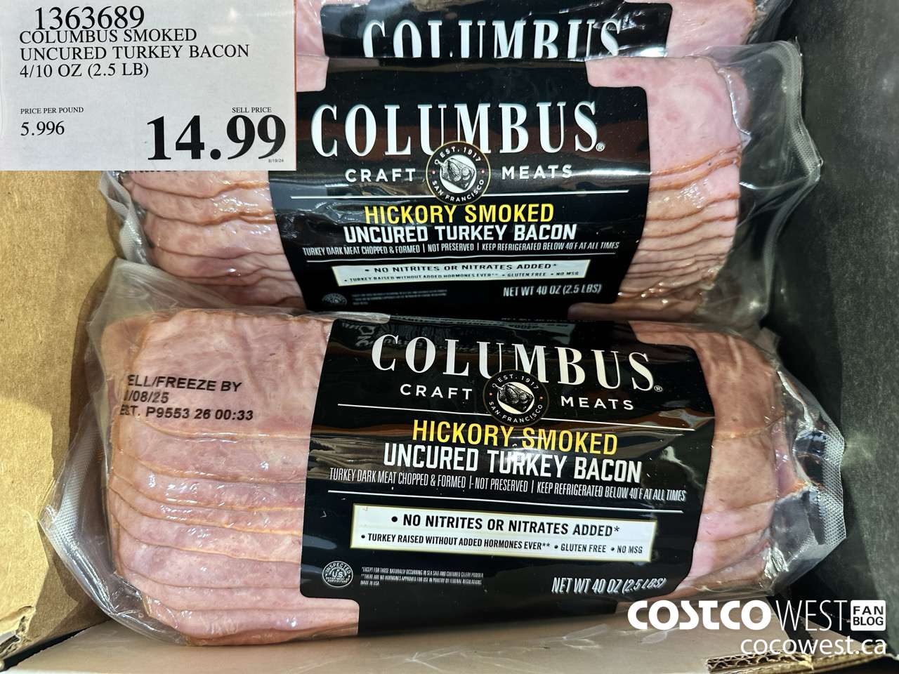 1363689 COLUMBUS SMOKED UNCURED TURKEY BACON 4/10 OZ $14.99