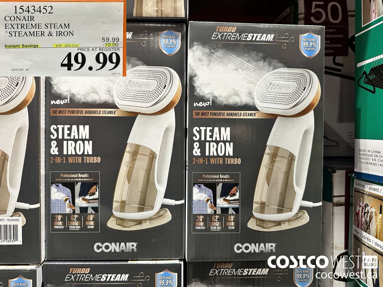 1543452 CONAIR TURBO EXTREME STEAM GARMENT STEAMER 2 IN 1 TURBO ($10.00 INSTANT SAVINGS EXPIRES ON 2024-12-01) $49.99