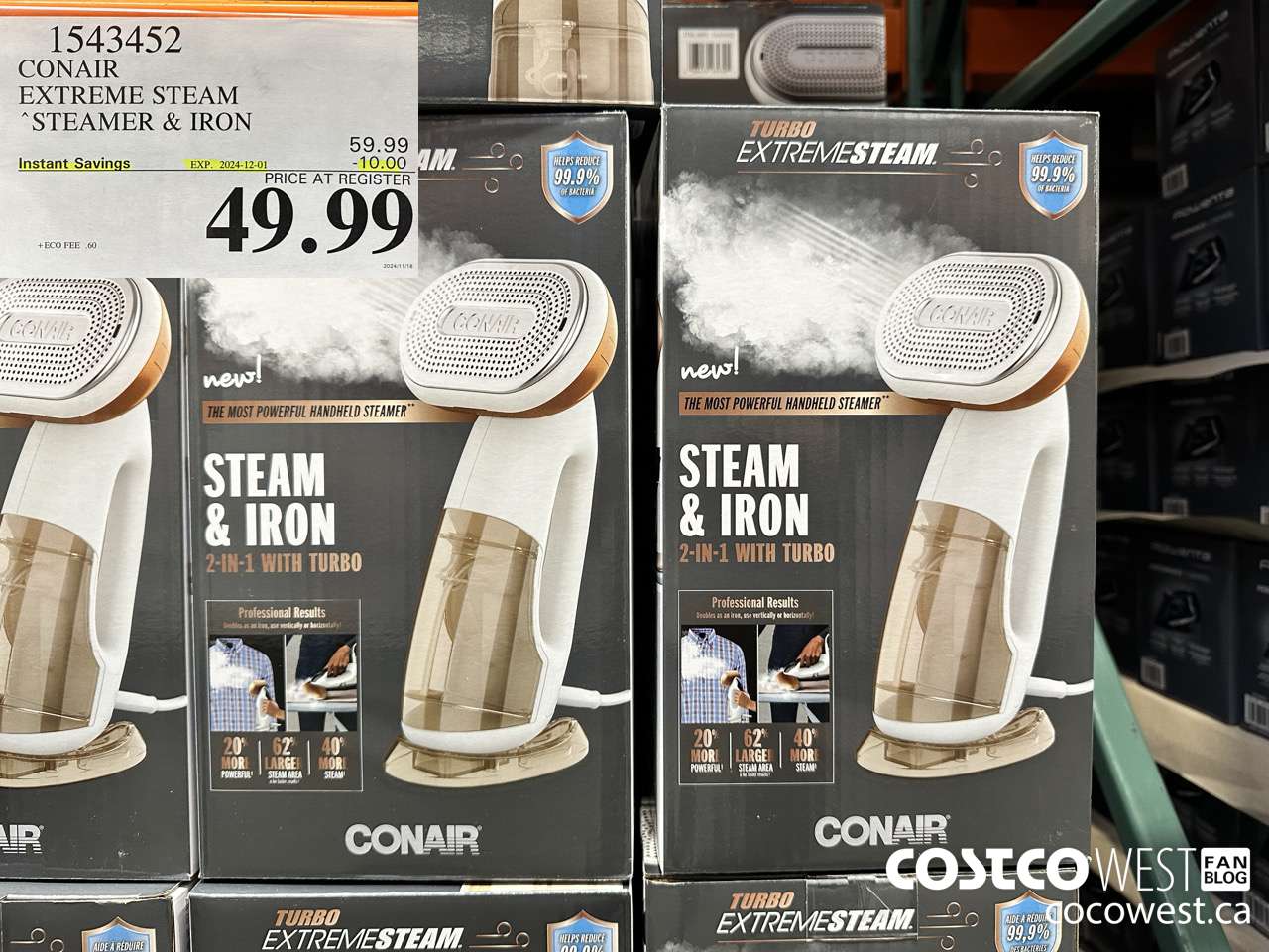 1543452 CONAIR TURBO EXTREME STEAM GARMENT STEAMER 2 IN 1 TURBO ($10.00 INSTANT SAVINGS EXPIRES ON 2024-12-01) $49.99