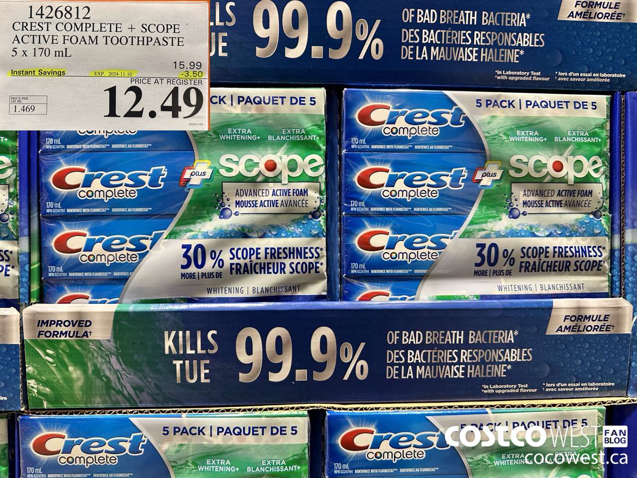1426812 CREST COMPLETE + SCOPE ACTIVE FOAM TOOTHPASTE 5 x 170ml  ($3.50 INSTANT SAVINGS EXPIRES ON 2024-11-10) $12.49