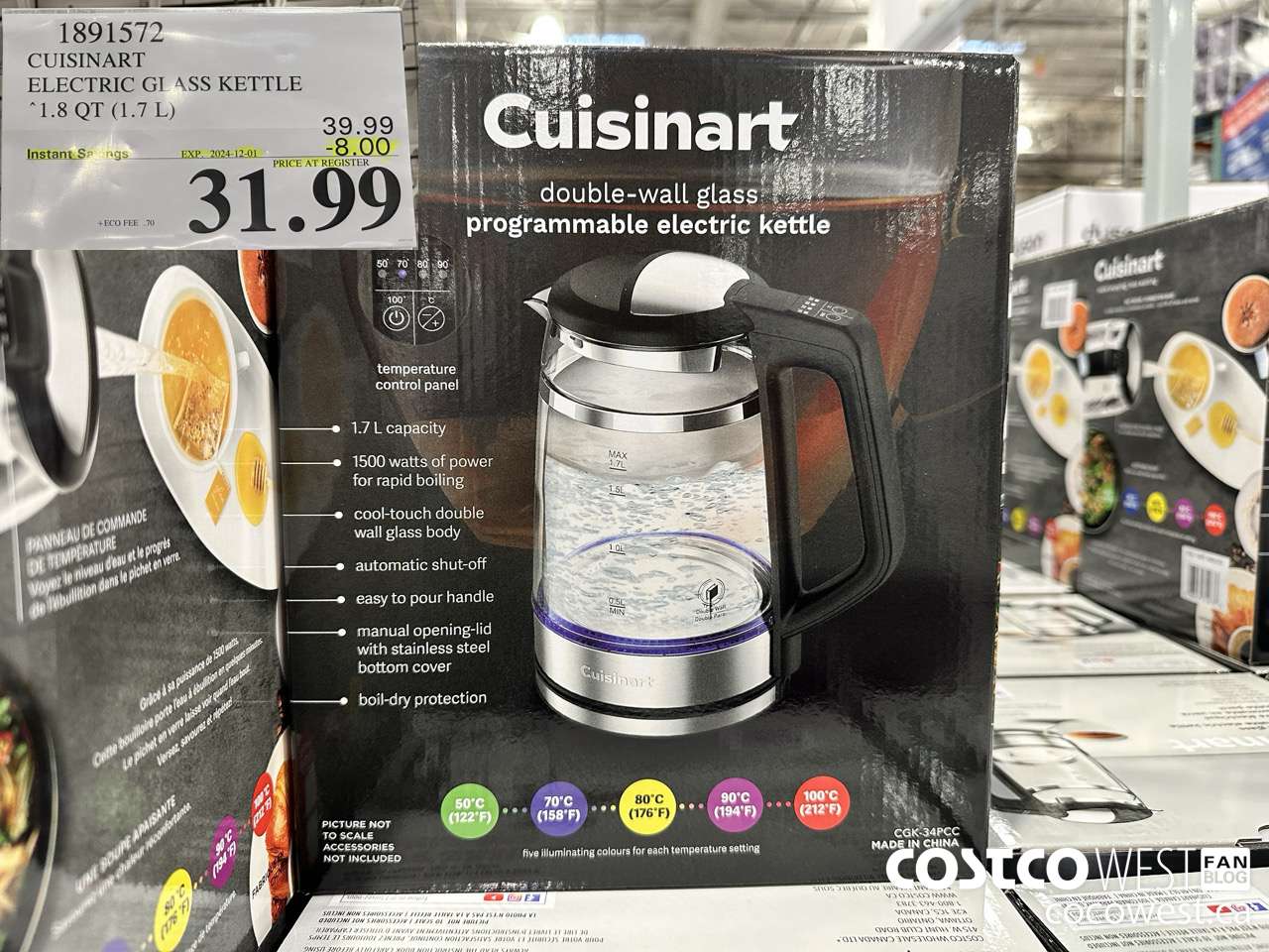 1891572 CUISINART ELECTRIC GLASS KETTLE 1.8QT (1.7L) ($8.00 INSTANT SAVINGS EXPIRES ON 2024-12-01) $31.99