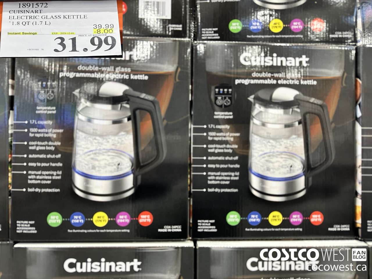 1891572 CUISINART ELECTRIC GLASS KETTLE 1.8QT (1.7L) ($8.00 INSTANT SAVINGS EXPIRES ON 2024-12-01) $31.99