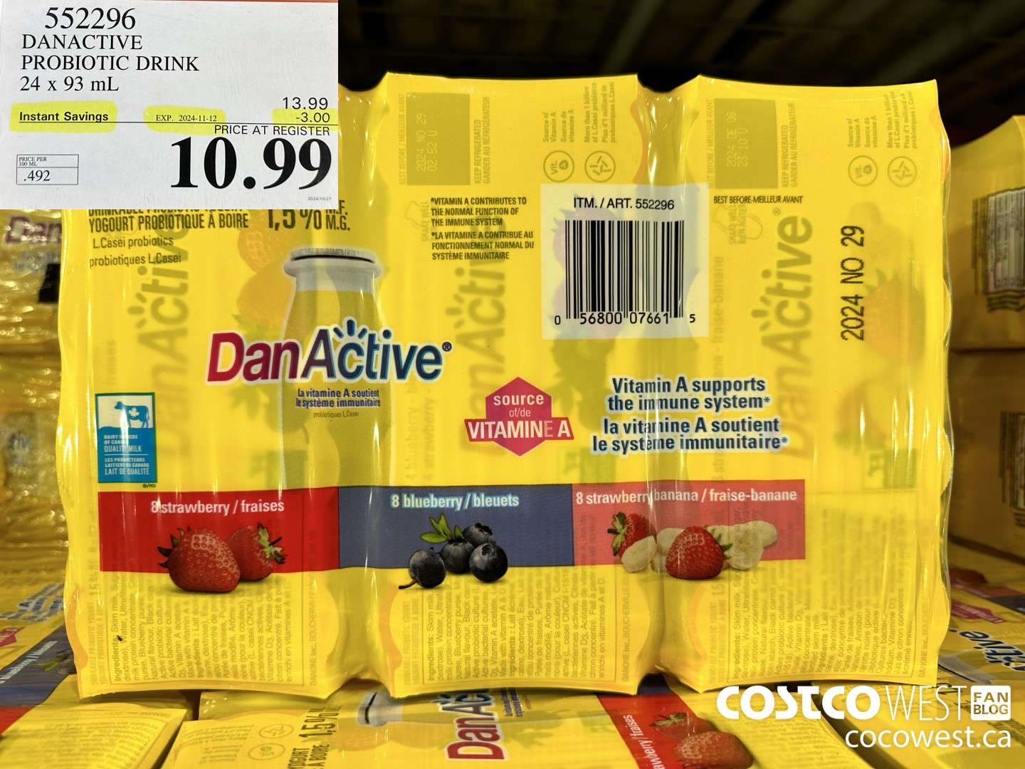 552296 DANACTIVE PROBIOTIC DRINK 24 x 93 mL ($3.00 INSTANT SAVINGS EXPIRES ON 2024-11-12) $10.99