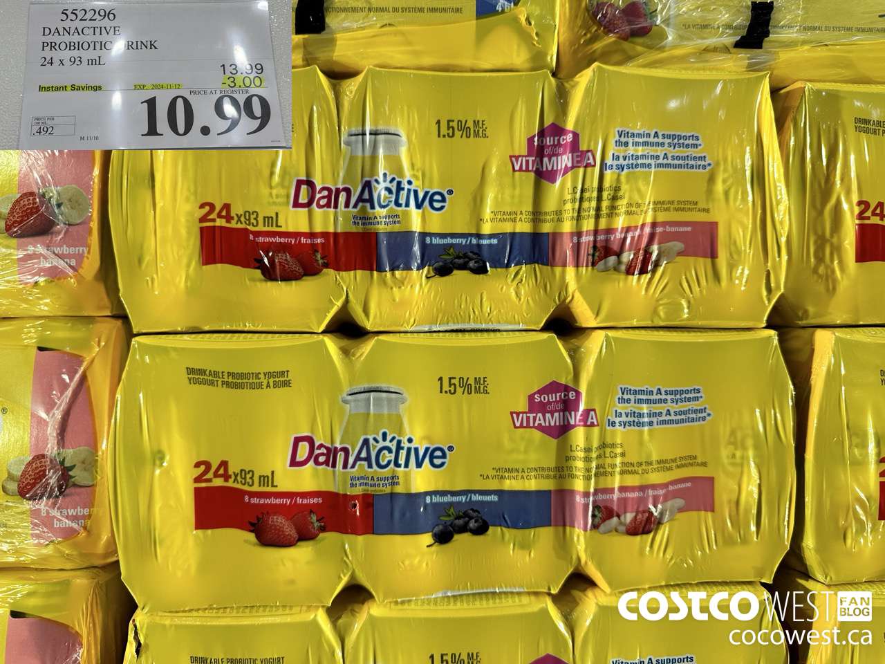 552296 DANACTIVE PROBIOTIC DRINK 24 x 93 mL ($3.00 INSTANT SAVINGS EXPIRES ON 2024-11-12) $10.99