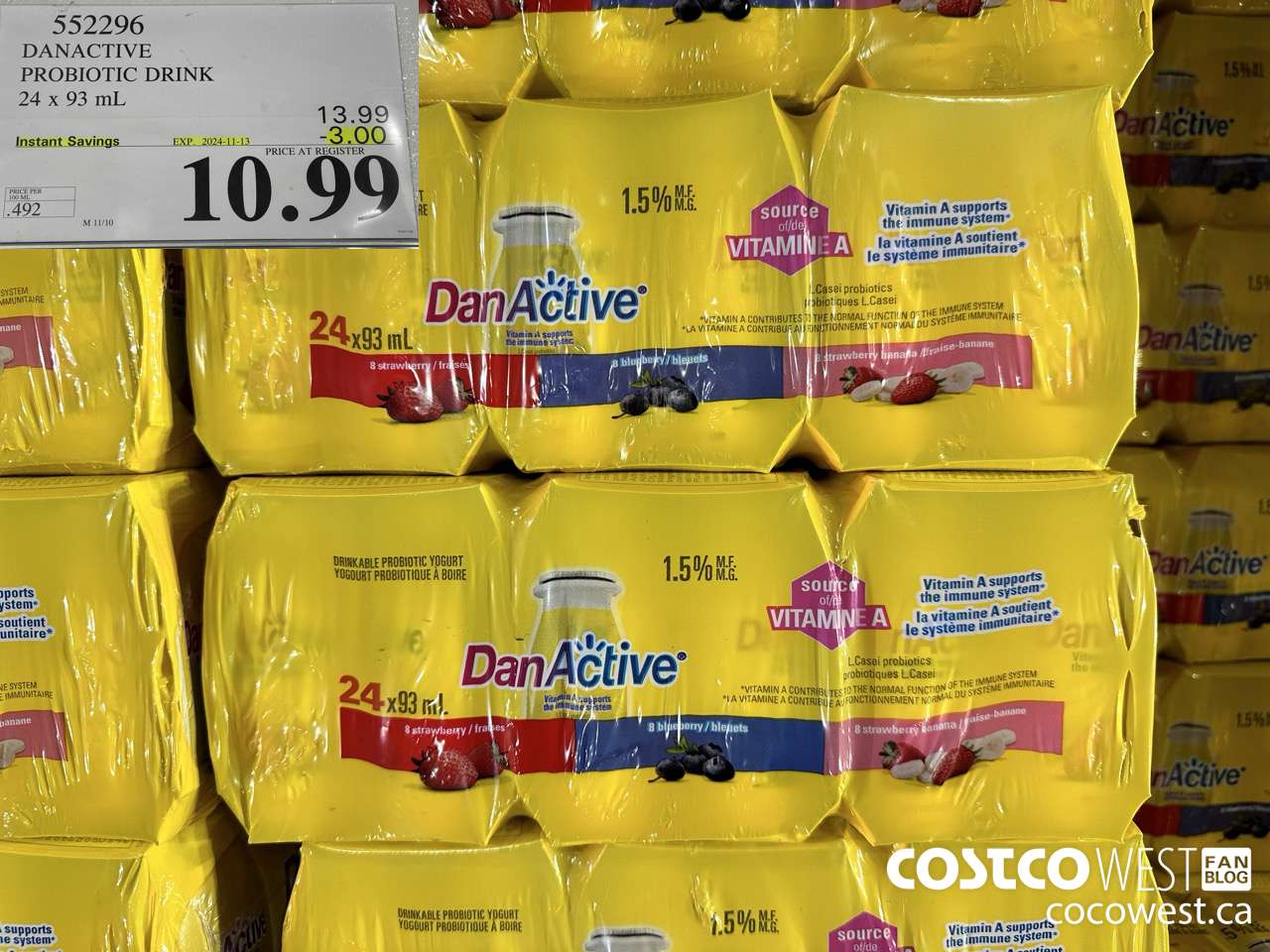 552296 DANACTIVE PROBIOTIC DRINK 24 x 93 mL ($3.00 INSTANT SAVINGS EXPIRES ON 2024-11-13) $10.99