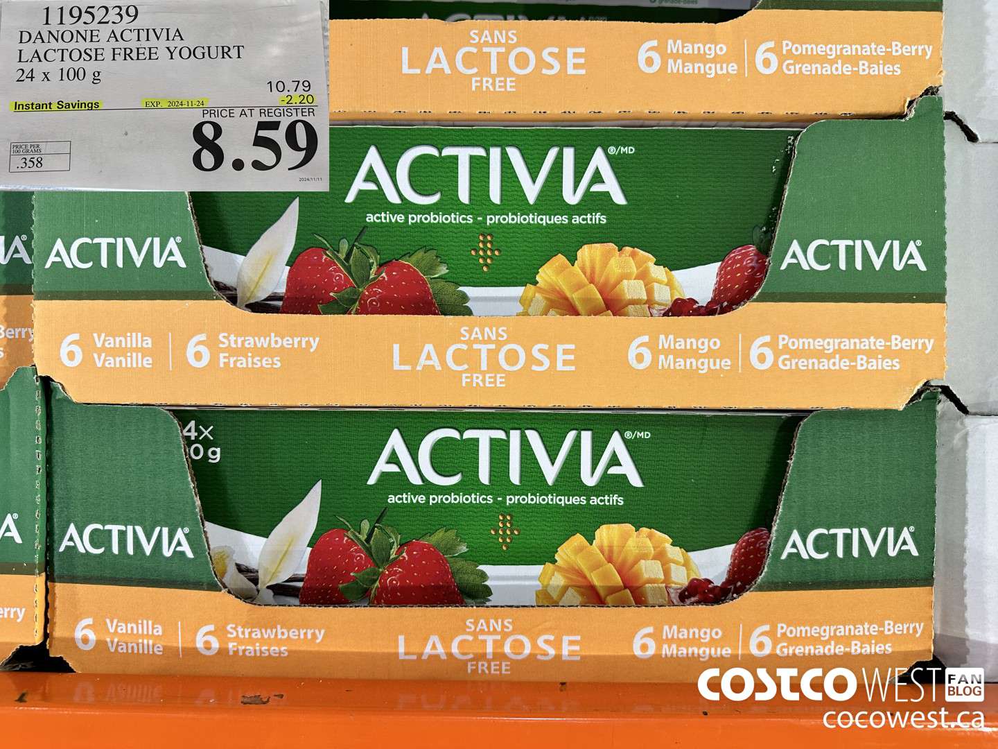 1195239 DANONE ACTIVIA LACTOSE FREE YOGURT 24 x 100 g ($2.20 INSTANT SAVINGS EXPIRES ON 2024-11-24) $8.59