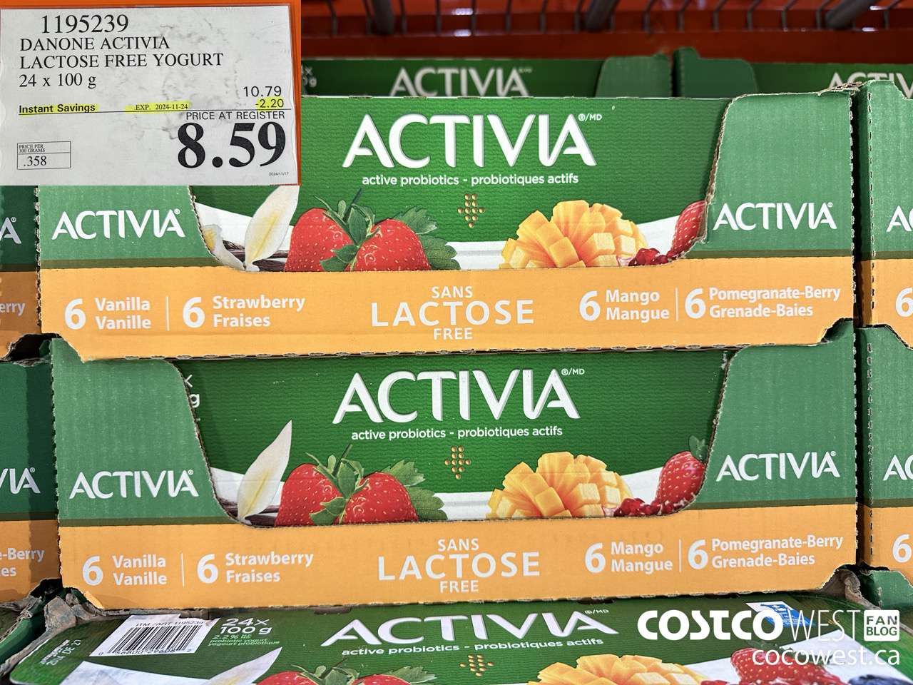 1195239 DANONE ACTIVIA LACTOSE FREE YOGURT 24 x 100 g ($2.20 INSTANT SAVINGS EXPIRES ON 2024-11-24) $8.59