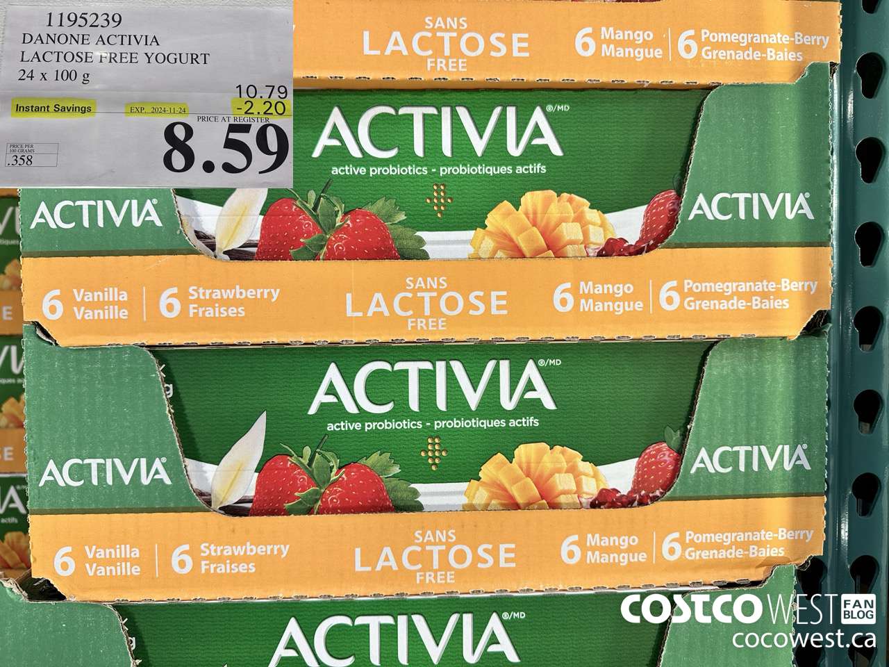 1195239 DANONE ACTIVIA LACTOSE FREE YOGURT 24 x 100 g ($2.20 INSTANT SAVINGS EXPIRES ON 2024-11-24) $8.59
