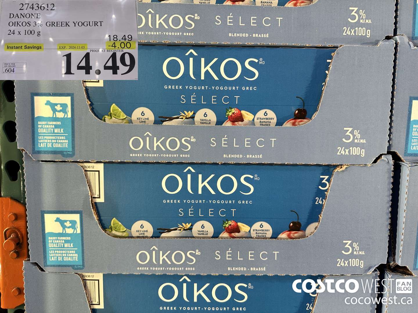2743612 DANONE OIKOS 3% GREEK YOGURT 24 X 100 G ($4.00 INSTANT SAVINGS EXPIRES ON 2024-11-03) $14.49