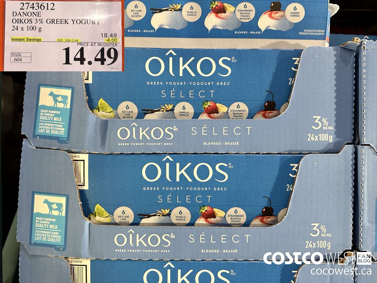 2743612 DANONE OIKOS 3% GREEK YOGURT 24 X 100 G ($4.00 INSTANT SAVINGS EXPIRES ON 2024-12-08) $14.49