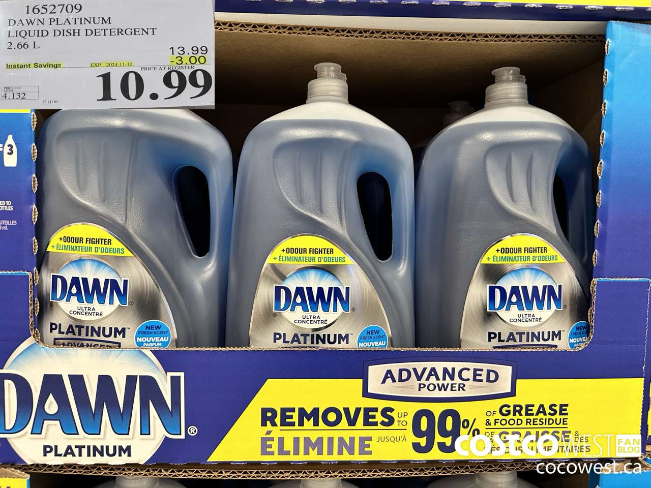 1652709 DAWN PLATINUM LIQUID DISH DETERGENT 2.66L ($3.00 INSTANT SAVINGS EXPIRES ON 2024-11-10) $10.99