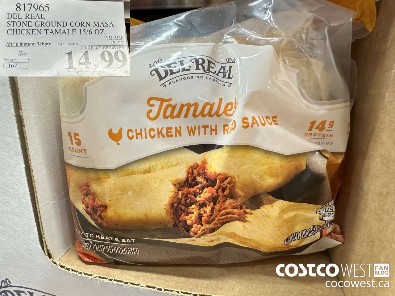 817965 DEL REAL STONE GROUND CORN MASA CHICKEN TAMALE 15/6 OZ ($5.00 INSTANT SAVINGS EXPIRES ON 2024-12-24) $14.99