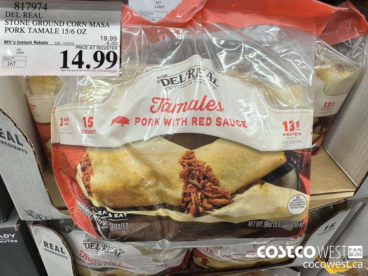 817974 DEL REAL STONE GROUND CORN MASA PORK TAMALE 15/6 OZ ($5.00 INSTANT SAVINGS EXPIRES ON 2024-12-24) $14.99
