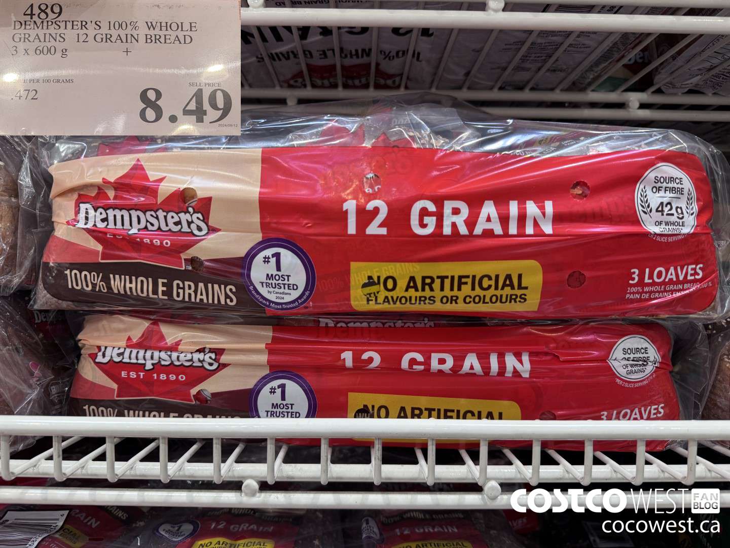 489 DEMPSTER'S 100% WHOLE GRAINS 12 GRAIN BREAD 3 X 600 G $8.49