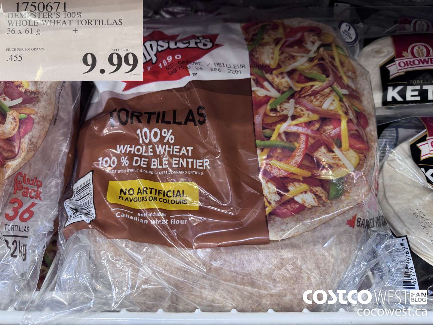 1750671 DEMPSTER'S 100% WHOLE WHEAT TORTILLAS 36 X 61 G $9.99