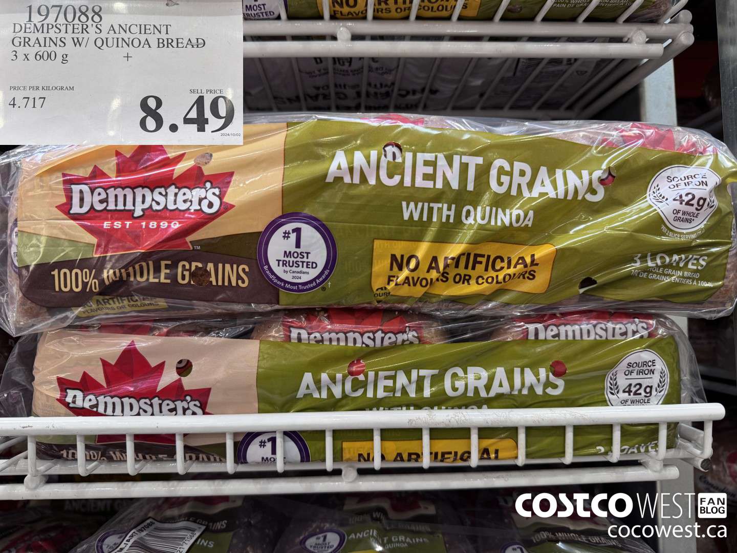 197088 DEMPSTER'S ANCIENT GRAINS W/ QUINOA BREAD 3 x 600 g $8.49