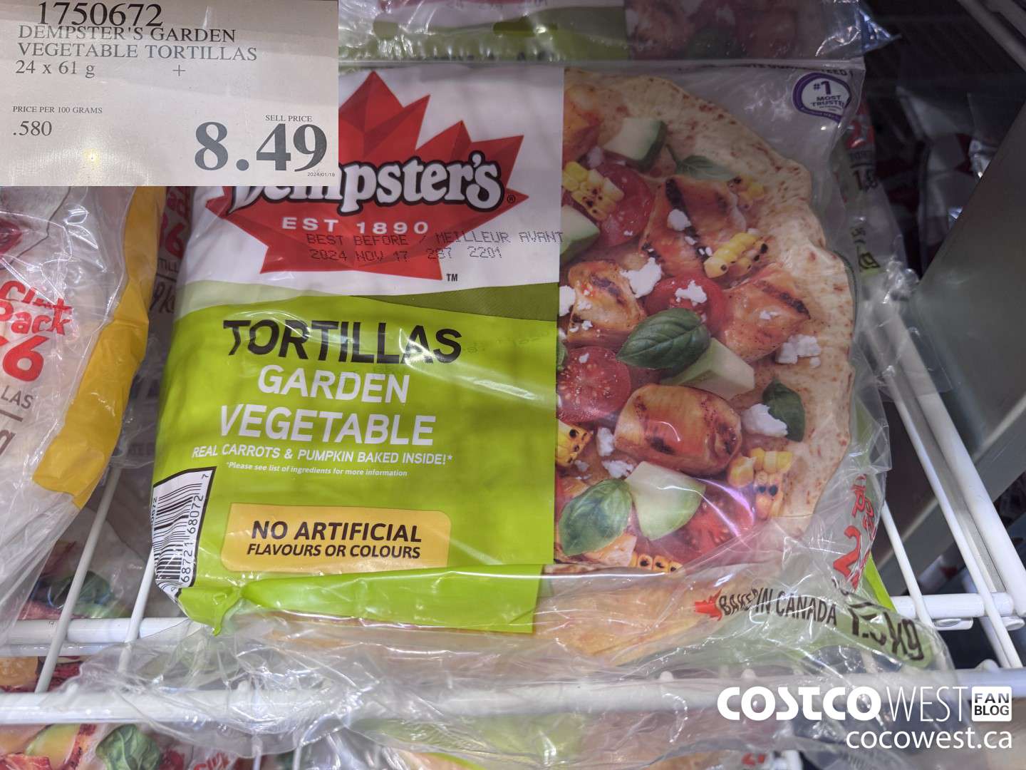 1750672 DEMPSTER'S GARDEN VEGETABLE TORTILLAS 24 X 61 G $8.49